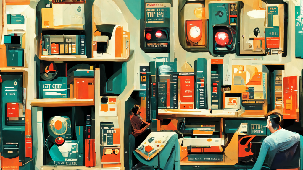 Abstract image showing something that resembles a bookcase and books and a person sitting in front of them.